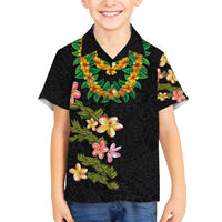 Hawaiian Lei Plumeria and Tropical Leaves Family Matching Off Shoulder Maxi Dress and Hawaiian Shirt Watercolor Style LT03 Son's Shirt Black - Polynesian Pride
