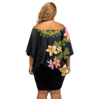 Hawaiian Lei Plumeria and Tropical Leaves Family Matching Off Shoulder Short Dress and Hawaiian Shirt Watercolor Style