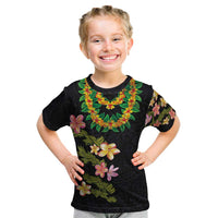 Hawaiian Lei Plumeria and Tropical Leaves Kid T Shirt Watercolor Style LT03 Black - Polynesian Pride