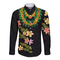 Hawaiian Lei Plumeria and Tropical Leaves Long Sleeve Button Shirt Watercolor Style LT03 Unisex Black - Polynesian Pride