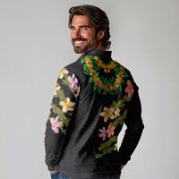 Hawaiian Lei Plumeria and Tropical Leaves Long Sleeve Polo Shirt Watercolor Style