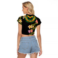 Hawaiian Lei Plumeria and Tropical Leaves Raglan Cropped T Shirt Watercolor Style