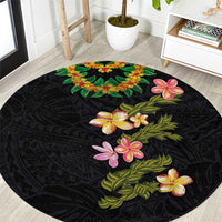 Hawaiian Lei Plumeria and Tropical Leaves Round Carpet Watercolor Style