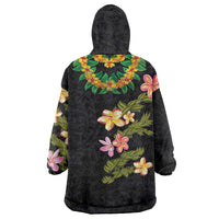 Hawaiian Lei Plumeria and Tropical Leaves Wearable Blanket Hoodie Watercolor Style