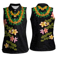 Hawaiian Lei Plumeria and Tropical Leaves Women Sleeveless Polo Shirt Watercolor Style