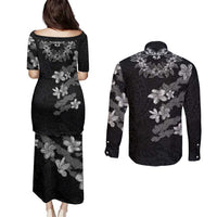 Hawaiian Lei Plumeria and Tropical Leaves Couples Matching Puletasi and Long Sleeve Button Shirt Watercolor Style-Grayscale