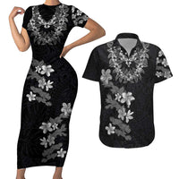 Hawaiian Lei Plumeria and Tropical Leaves Couples Matching Short Sleeve Bodycon Dress and Hawaiian Shirt Watercolor Style-Grayscale
