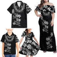 Hawaiian Lei Plumeria and Tropical Leaves Family Matching Off Shoulder Maxi Dress and Hawaiian Shirt Watercolor Style-Grayscale