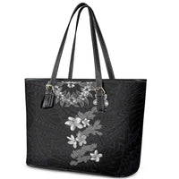 Hawaiian Lei Plumeria and Tropical Leaves Leather Tote Bag Watercolor Style-Grayscale