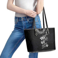 Hawaiian Lei Plumeria and Tropical Leaves Leather Tote Bag Watercolor Style-Grayscale