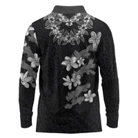 Hawaiian Lei Plumeria and Tropical Leaves Long Sleeve Polo Shirt Watercolor Style-Grayscale