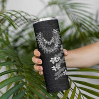 Hawaiian Lei Plumeria and Tropical Leaves Skinny Tumbler Watercolor Style-Grayscale