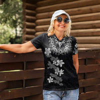 Hawaiian Lei Plumeria and Tropical Leaves Women Polo Shirt Watercolor Style-Grayscale