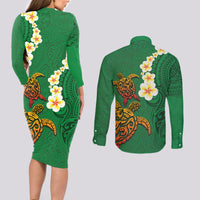 Hawaii Turtle Plumeria Flower Couples Matching Long Sleeve Bodycon Dress and Long Sleeve Button Shirt Polynesian Pattern Green Color