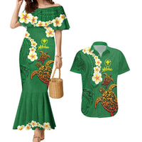 Hawaii Turtle Plumeria Flower Couples Matching Mermaid Dress and Hawaiian Shirt Polynesian Pattern Green Color LT03 Green - Polynesian Pride