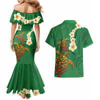Hawaii Turtle Plumeria Flower Couples Matching Mermaid Dress and Hawaiian Shirt Polynesian Pattern Green Color LT03 - Polynesian Pride