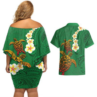 Hawaii Turtle Plumeria Flower Couples Matching Off Shoulder Short Dress and Hawaiian Shirt Polynesian Pattern Green Color LT03 - Polynesian Pride