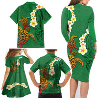 Hawaii Turtle Plumeria Flower Family Matching Long Sleeve Bodycon Dress and Hawaiian Shirt Polynesian Pattern Green Color