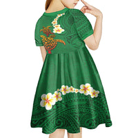 Hawaii Turtle Plumeria Flower Kid Short Sleeve Dress Polynesian Pattern Green Color