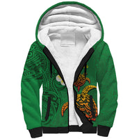 Hawaii Turtle Plumeria Flower Sherpa Hoodie Polynesian Pattern Green Color
