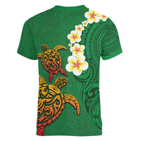 Hawaii Turtle Plumeria Flower Women V-Neck T-Shirt Polynesian Pattern Green Color