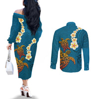 Hawaii Turtle Plumeria Flower Couples Matching Off The Shoulder Long Sleeve Dress and Long Sleeve Button Shirt Polynesian Pattern Blue Color
