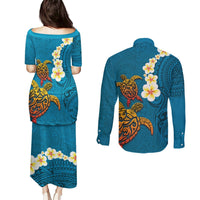Hawaii Turtle Plumeria Flower Couples Matching Puletasi and Long Sleeve Button Shirt Polynesian Pattern Blue Color LT03 - Polynesian Pride