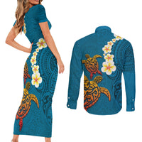 Hawaii Turtle Plumeria Flower Couples Matching Short Sleeve Bodycon Dress and Long Sleeve Button Shirt Polynesian Pattern Blue Color