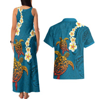 Hawaii Turtle Plumeria Flower Couples Matching Tank Maxi Dress and Hawaiian Shirt Polynesian Pattern Blue Color
