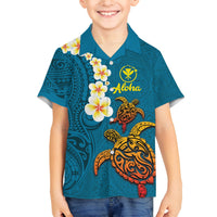 Hawaii Turtle Plumeria Flower Family Matching Long Sleeve Bodycon Dress and Hawaiian Shirt Polynesian Pattern Blue Color