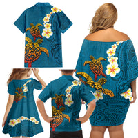 Hawaii Turtle Plumeria Flower Family Matching Off Shoulder Short Dress and Hawaiian Shirt Polynesian Pattern Blue Color