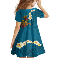 Hawaii Turtle Plumeria Flower Kid Short Sleeve Dress Polynesian Pattern Blue Color