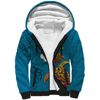 Hawaii Turtle Plumeria Flower Sherpa Hoodie Polynesian Pattern Blue Color LT03 Unisex Blue - Polynesian Pride
