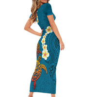 Hawaii Turtle Plumeria Flower Short Sleeve Bodycon Dress Polynesian Pattern Blue Color