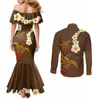 Hawaii Turtle Plumeria Flower Couples Matching Mermaid Dress and Long Sleeve Button Shirt Polynesian Pattern Brown Color