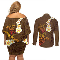 Hawaii Turtle Plumeria Flower Couples Matching Off Shoulder Short Dress and Long Sleeve Button Shirt Polynesian Pattern Brown Color LT03 - Polynesian Pride