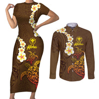 Hawaii Turtle Plumeria Flower Couples Matching Short Sleeve Bodycon Dress and Long Sleeve Button Shirt Polynesian Pattern Brown Color