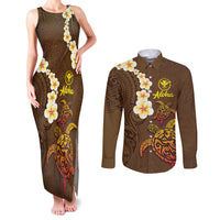 Hawaii Turtle Plumeria Flower Couples Matching Tank Maxi Dress and Long Sleeve Button Shirt Polynesian Pattern Brown Color
