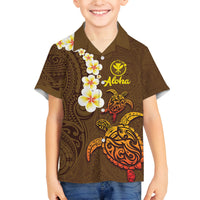 Hawaii Turtle Plumeria Flower Family Matching Summer Maxi Dress and Hawaiian Shirt Polynesian Pattern Brown Color
