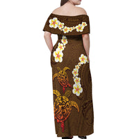 Hawaii Turtle Plumeria Flower Off Shoulder Maxi Dress Polynesian Pattern Brown Color