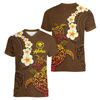Hawaii Turtle Plumeria Flower Women V-Neck T-Shirt Polynesian Pattern Brown Color