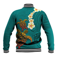 Hawaii Turtle Plumeria Flower Baseball Jacket Polynesian Pattern Turquoise Color