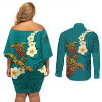 Hawaii Turtle Plumeria Flower Couples Matching Off Shoulder Short Dress and Long Sleeve Button Shirt Polynesian Pattern Turquoise Color LT03 - Polynesian Pride