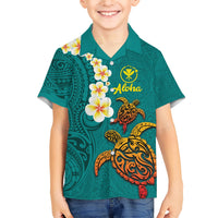 Hawaii Turtle Plumeria Flower Family Matching Short Sleeve Bodycon Dress and Hawaiian Shirt Polynesian Pattern Turquoise Color