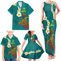 Hawaii Turtle Plumeria Flower Family Matching Tank Maxi Dress and Hawaiian Shirt Polynesian Pattern Turquoise Color