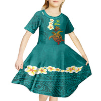 Hawaii Turtle Plumeria Flower Kid Short Sleeve Dress Polynesian Pattern Turquoise Color