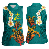 Hawaii Turtle Plumeria Flower Women Sleeveless Polo Shirt Polynesian Pattern Turquoise Color