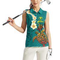 Hawaii Turtle Plumeria Flower Women Sleeveless Polo Shirt Polynesian Pattern Turquoise Color