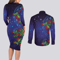 Matariki New Zealand Maori and Pohutukawa Couples Matching Long Sleeve Bodycon Dress and Long Sleeve Button Shirt Galaxy Blue Sky Style