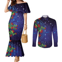 Matariki New Zealand Maori and Pohutukawa Couples Matching Mermaid Dress and Long Sleeve Button Shirt Galaxy Blue Sky Style